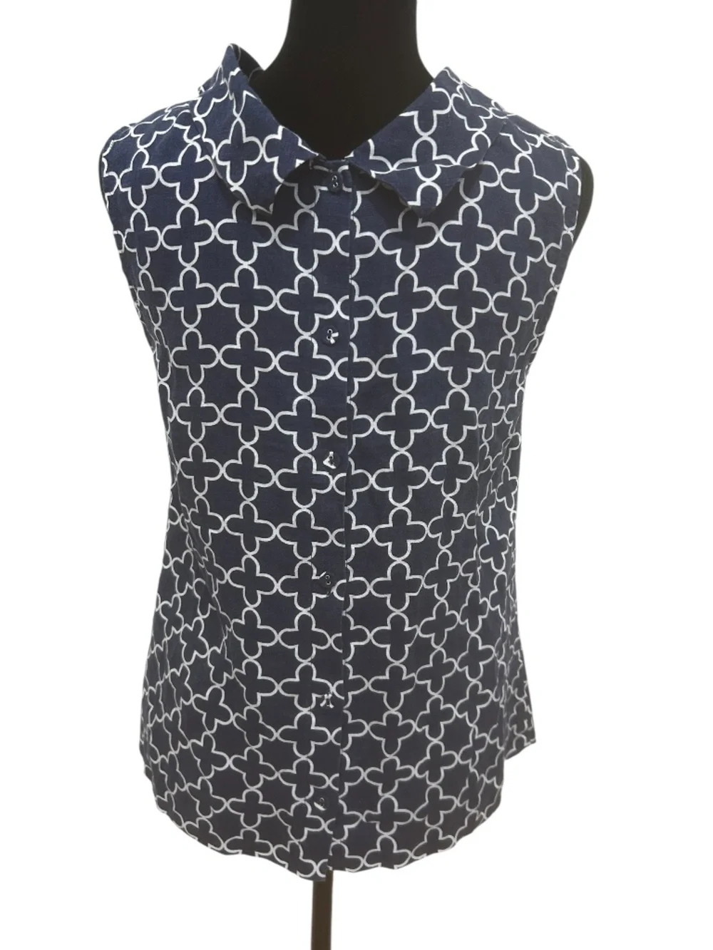 Boden 100% Linen Sleeveless Button Back Top Navy White Print US 6 UK 10 coastal - Picture 3 of 13